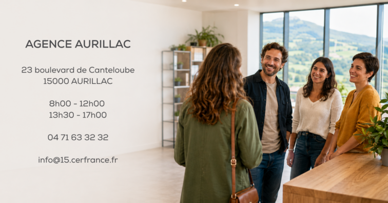 Agence Aurillac 23 boulevard de Canteloube 15000 AURILLAC 8h00 - 12h00 13h30 - 17h00 04 71 63 32 32 info@15.cerfrance.fr (1)