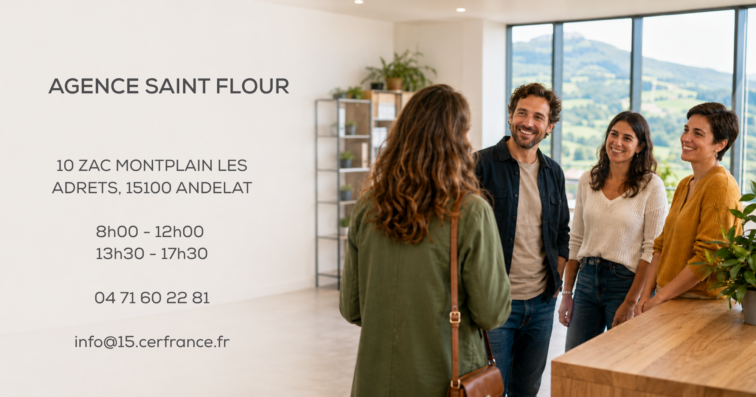 Agence Aurillac 23 boulevard de Canteloube 15000 AURILLAC 8h00 - 12h00 13h30 - 17h00 04 71 63 32 32 info@15.cerfrance.fr (3)